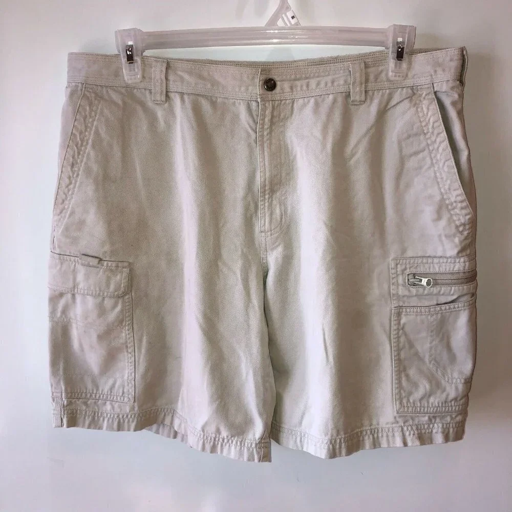 Columbia Mens 38 Beige Tan Khaki Flat Front Pockets Outdoor Hiking Cargo Shorts